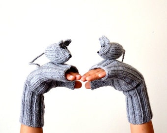 Hand Knit Winter Glove, Knitted Mice Gloves, Hand Puppet Glove, Cute Rat Fingerless, Gray mice gloves, Fingerless Gloves, Gift For Children