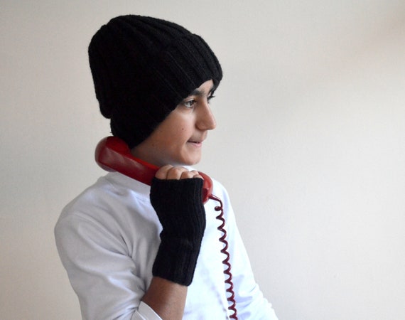 Mnner schwarze Mtze und Handschuhe, schwarz Slouch Mtze und Handschuhe,  Winter Accessoires, Herren Arm wrmer Mann gemtlich Geschenk Mann - Etsy.de