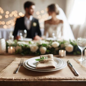 May include: A rustic wedding table setting with a hessian placemat, white plates, and a brown napkin tied with twine and a sprig of greenery.