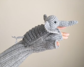 Knit Elephant Fingerless, Crochet Amigurumi Mittens, Holiday Animal Glove, Touch Screen Glove, Long Wool Armrests, Hand Puppet Child gift