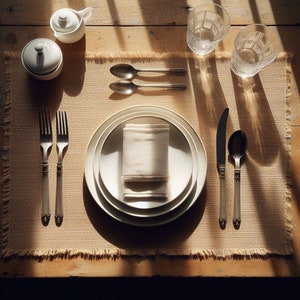 May include: A place setting with a white napkin, two forks, a knife, two spoons, and two white plates on a brown placemat. There are two glasses and two white ceramic sugar containers on a wooden table.