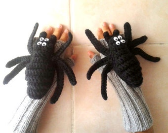 Crochet Spider Arm Warmers, Knit Fingerless Glove, Wool Animal, Spiderman Fingers, Black Unisex Mitten, Handmade Puppet, Gift for Valentines