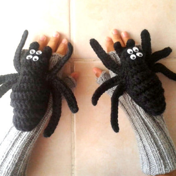 Crochet Spider Arm Warmers, Knit Fingerless Glove, Wool Animal, Spiderman Fingers, Black Unisex Mitten, Handmade Puppet, Gift for Valentines