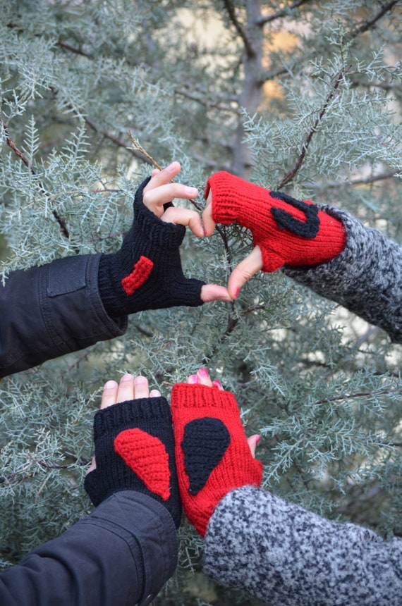 Knit Lover Glove Set, Red Heart Gloves, Couples Wool Fingerless