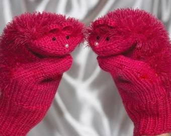 Hemitones de erizo de punto, mitones hechos a mano, guante de marioneta sin mano, traje de animal púrpura, guante de invierno de Navidad, regalo para cumpleaños