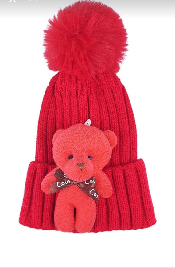 Teddy Bear Knitted Hat, Pom Pom Toys Funny Caps, Winter Toodler