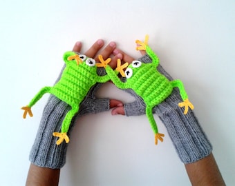 Crochet Frog Fingerless, Cute Frog, Touch Screen Fingerless, Children Clothing, Knit Animals Glove, Winter Warm Gloves, Gift for Best Friend