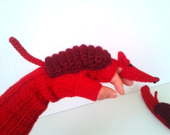 Armadillo Costume Glove, Soft Wool Mittens, Wrist Arm Warmers, Unisex Fingerless, Arm Cuffs Glove, Red Animal Glove, Birthday Gift for child