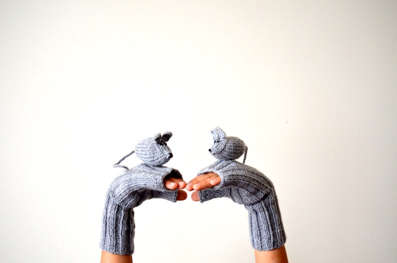 Animal Mittens Etsy' Pick, Knit Mice Gloves, Hand Puppet , Animal Finger, Half Mitts Touchscreen, Winter Fingerless Men, Xmas Gift For Her image 5