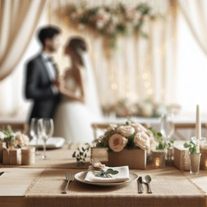 May include: A rustic wedding table setting with a white plate, a linen napkin, cutlery, and a small sprig of greenery. The table is covered in hessian and there are flowers in a wooden box.