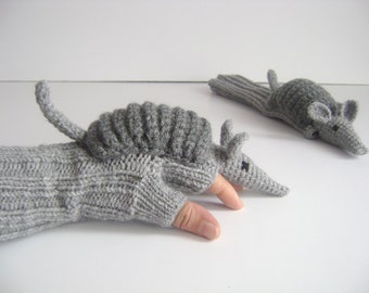 Gray Armadillo Winter Glove, Knit Wool Glove, Crochet Animal Costume, Long Fingerless Arm Warmer, Touch Screen Glove, Christmas Unique Gifts