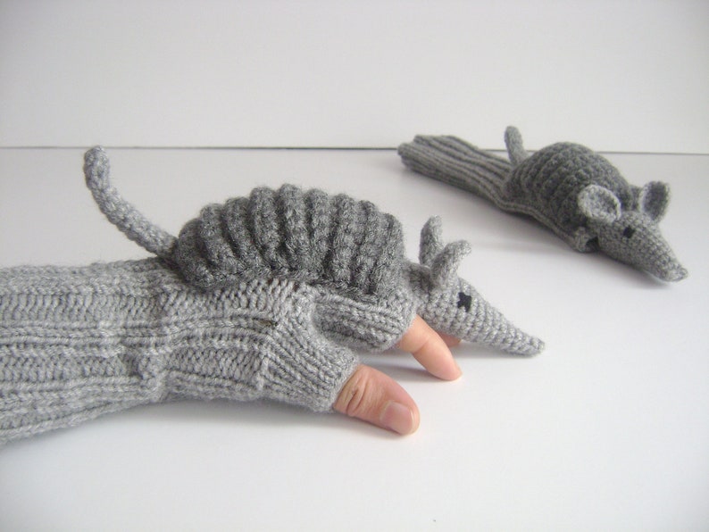 Etsy's Pick , Animal mittens Gantlet Knit Wool Winter Crochet Armadillo Gloves, Gray Long fingerless Arm Warmers, Touch Screen Gift Children image 2