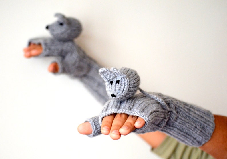 Animal Mittens Etsy' Pick, Knit Mice Gloves, Hand Puppet , Animal Finger, Half Mitts Touchscreen, Winter Fingerless Men, Xmas Gift For Her image 2