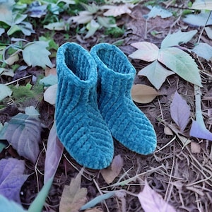 Handknitted Unisex İndoor Shoes, Winter Panduf Slippers, Indigo Home Bots, Booty Socks, Crochet Velvet Booties,Home Gift, Non-Slip Sole Wear