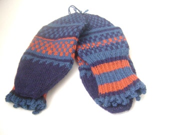 Hand Knit Wool Socks, Colorful Socks, Winter Socks, Warm Soft Socks, Unisex Blue Orange Socks, Striped Navy Socks, Long Hosiery Wool Socks