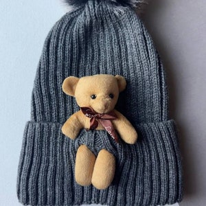 Teddy Bears Knitted Hat, PomPom Toy Funny Caps, Toodler Skull Beanie, Warm Unisex Baby Titler, Valentine Day Headgier Gift ,Gray knit Beret