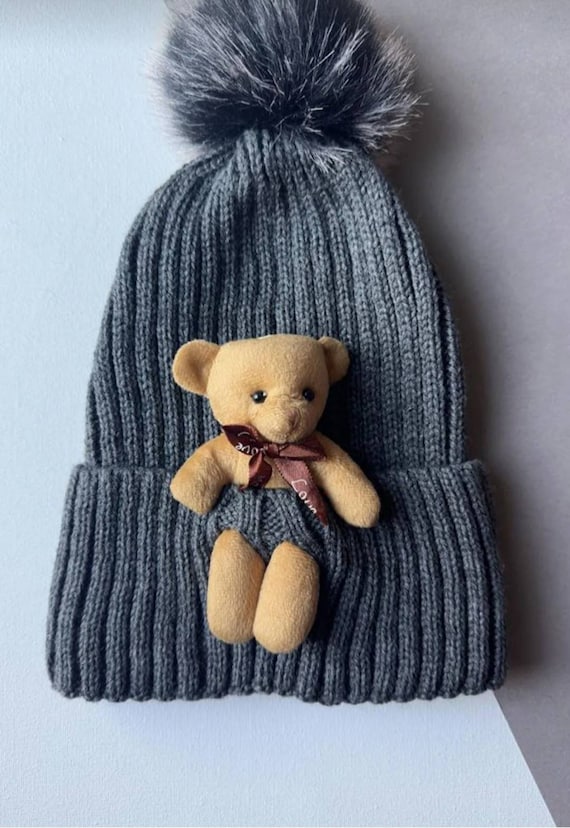 Teddy Bears Knitted Hat, Pompom Toy Funny Caps, Toodler Skull