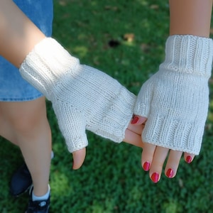 Cream Unique Gift Half Finger Gloves,Boho Rustic Knit Mittens,Unisex Winter Fingerless,Gift, Knitted Arm Warmer Wristlet,Warm Christmas Gift