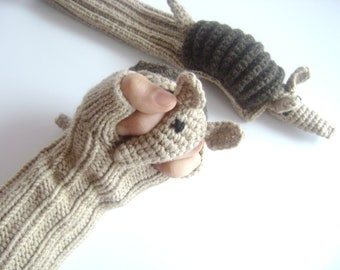 Long fingerless glove, Crochet armadillo Winter Glove, Arm warmers, Animal glove, Hand Puppet Gift, Hand Knit Wool Glove, Winter Gift Adult