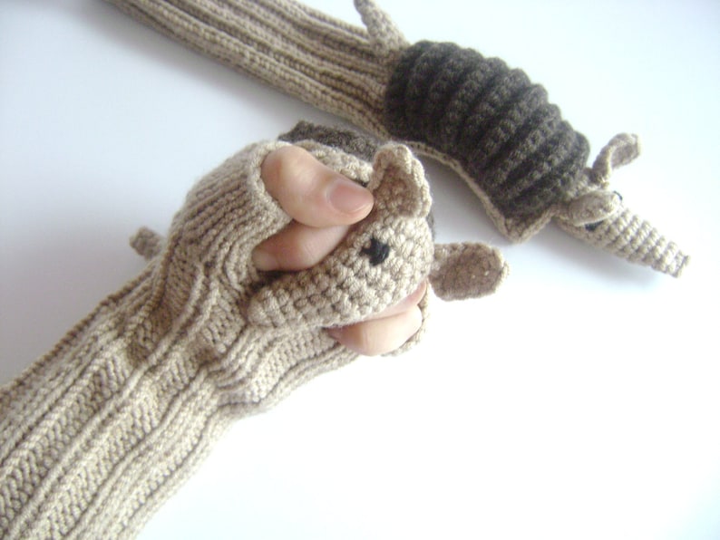 Long fingerless glove, Crochet armadillo Winter Glove, Arm warmers, Animal glove, Hand Puppet Gift, Hand Knit Wool Glove, Winter Gift Adult image 1