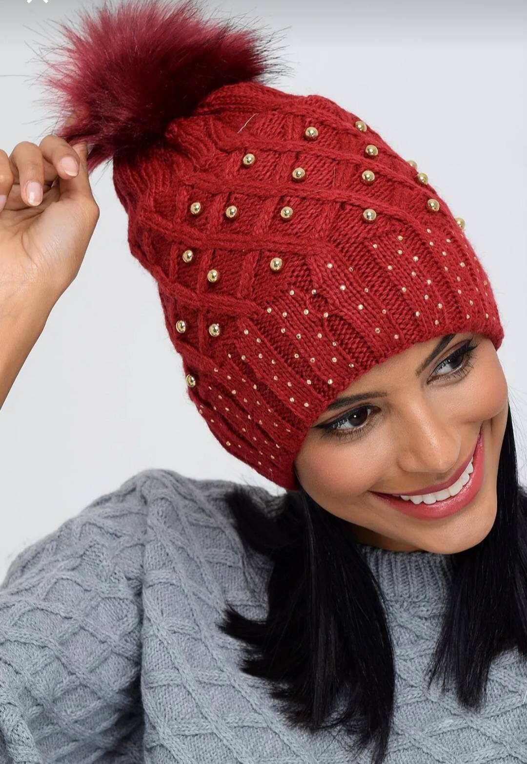 Hat with Pearls Braids Pom Pom Beanie Warm Winter Luxe Knit Trendy Toque Embellished Gift for Women Bauble Red Pon Pon Headgear Cap