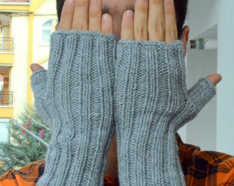 Arm Warmers Men Gray, Winter Unisex Fingerless, Long Customized Mitts, Alpaca Charcoal HandWarmers, Knit Wrist Warmers, Gift For Him Finger