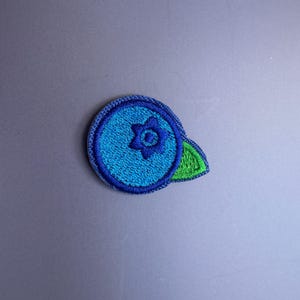 May include: An embroidered patch in the shape of a round blueberry. The fruit is rendered in shades of blue with a dark blue border and a central star-shaped detail. A single bright green leaf is attached to the side of the circular berry shape.