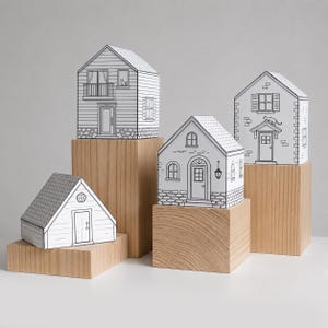 Op de afbeelding: Een verzameling van vijf witte papieren huizen met zwarte lijntekeningen van architecturale details. De huizen staan op houten blokken van verschillende hoogtes. De huizen hebben verschillende stijlen, waaronder een cottage, een boerderij en een modern ontwerp.