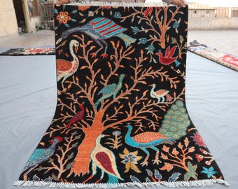 Afghan Gabbeh Wool Rug – 3x5 Handmade Tree of Life Pictorial Carpet – Colorful Birds & Peacock Design – Black Background Art Rug.