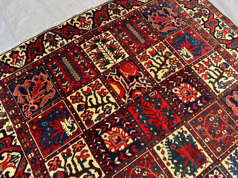 Rare Vintage Afghan Garden Panel Rug 4x9 ft – Colorful Patchwork Floral Carpet – Bakhtiari Style Handmade Wool Area Rug - Living Room Rug image 5