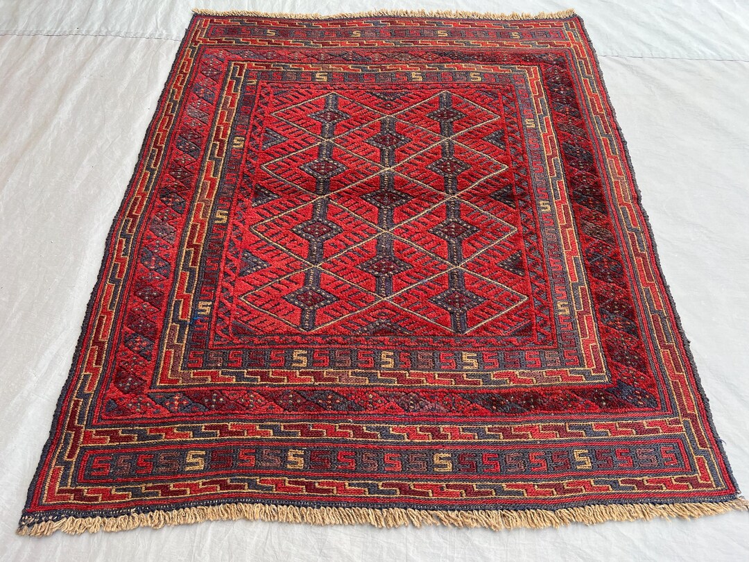 4x4 Ft Rare Tribal Mushwani Rug – Bold Red Geometric Afghan Nomad ...