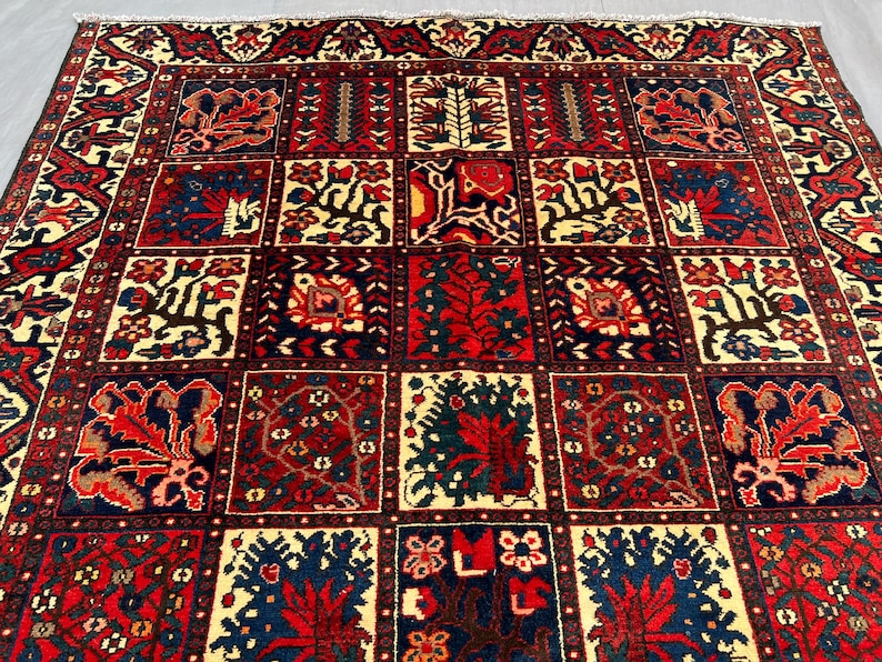 Rare Vintage Afghan Garden Panel Rug 4x9 ft – Colorful Patchwork Floral Carpet – Bakhtiari Style Handmade Wool Area Rug - Living Room Rug image 4