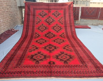 Vintage Afghan Ersari Rug – Handmade Wool Carpet – 7x12 Red and Brown Tribal Geometric Medallion Design – Oriental Area Rug.