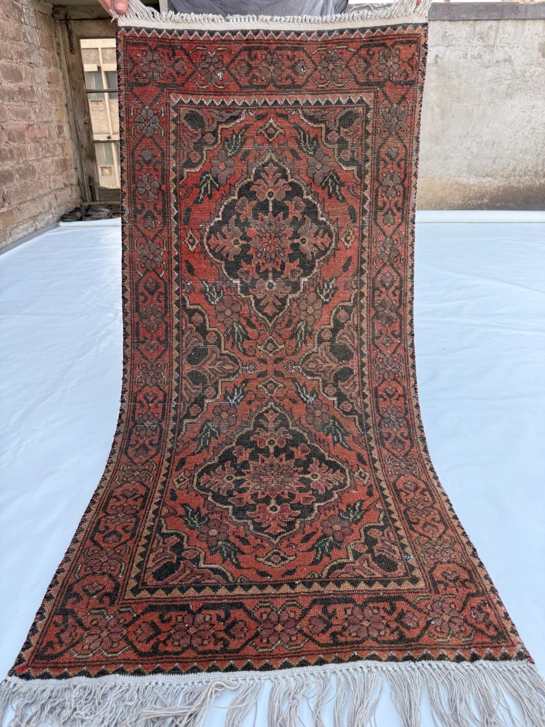 Vintage 2x5 Ft Runner Afghan Handmade Bukhara Terracotta Rug Oriental ...