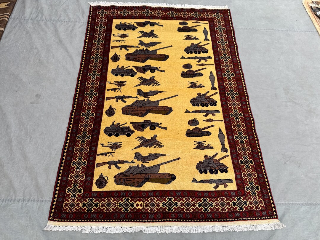 Millitary Rugs 4x6 Ft Handmade War Rug - Pictorial Tank and Aircraft Design - Vintage ...