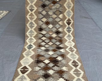 2x4 Ft Authentic Afghan Kilim Wool Rug – Brown and Beige Geometric Diamond Pattern – Handwoven Tribal Flatweave Carpet.