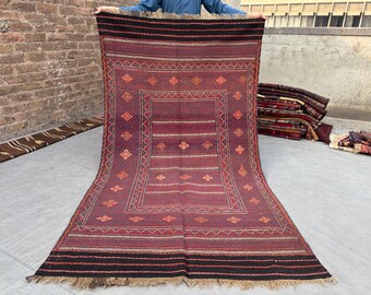 Alfombra Kilim Afgana Excepcional de 1,2 x 2,1 m - Motivos de Diamantes - Kilim de Lana Tribal Tejido a Mano para Sala de Estar, Pasillo o Decoración Boho
