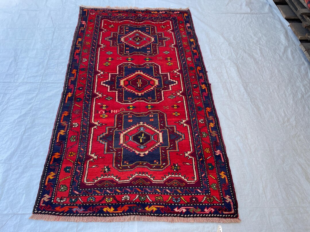 Red Antique Rug 4x7 Handmade Wool Rug/ Turkmen Geometric Caucasian ...