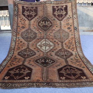 6x8 Brown Terracotta Caucasian Rug, Afghan Hand Knotted Pure Wool Rug, Oriental Antique Rug, 5&#39;5x8 Ft Geometric Area Rug, Living Room Carpet