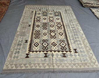 Afghan Tribal Kilim Wool Rug – 7x10 Ft Geometric Vertical Diamond Design in Gray, Brown & Ivory–Handmade Flatweave Boho Carpet – Neutral Rug