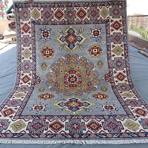 Afghan Caucasian Kazak Rug 5x7 Grey Organic Dyes Wool Top Quality Hand-Knotted Rug, Oriental Turkmen Rug, Kids Room Rug, Bedroom Office Rug