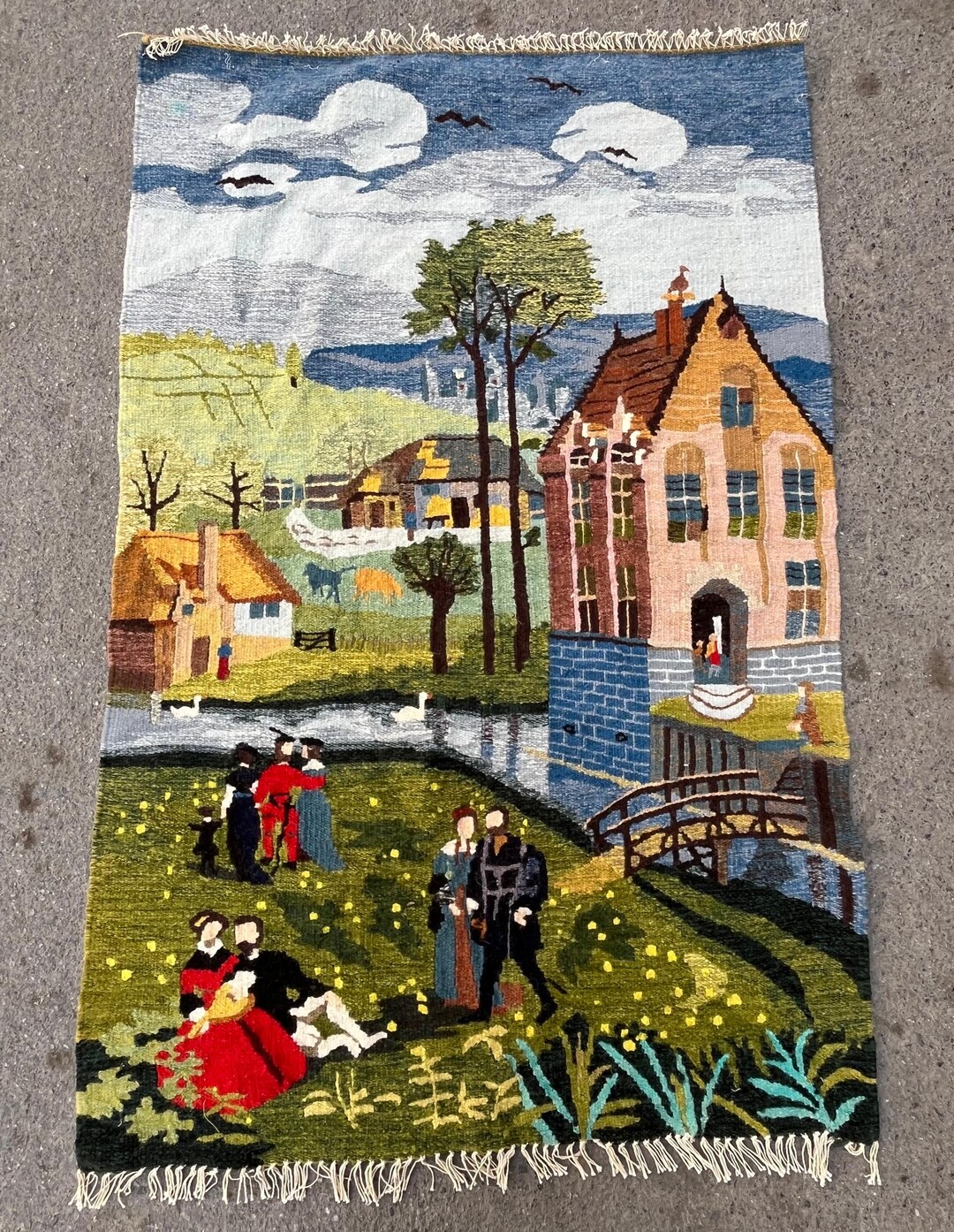 3'10x2'7 Ft Vintage European Village Scene Kilim Rug | Traditional Hand ...