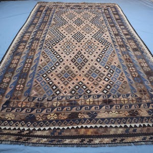 Antique Kilim Rug 13.8x7.9 ft Terracotta Brown Vintage Distressed Faded Afghan Handmade Wool Rug,Flatweave Geometric Rug, Living Room Carpet