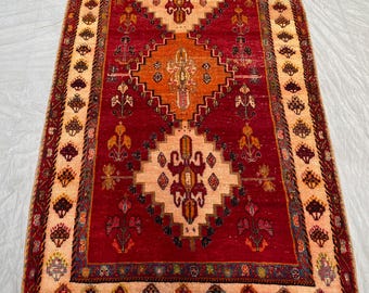 4x7 ft Afghan Vintage Area Rug, Handmade Wool Rug, Terracotta Caucasian Red Rug, Oriental Soft Fine Rug, Turkmen Tribal Rug Rug For Kitchen