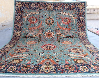 Alfombra afgana de lana con estampado floral – Alfombra tradicional azul turquesa hecha a mano – Alfombra oriental con estampado curvilíneo – Perfecta para cualquier sala de estar formal.