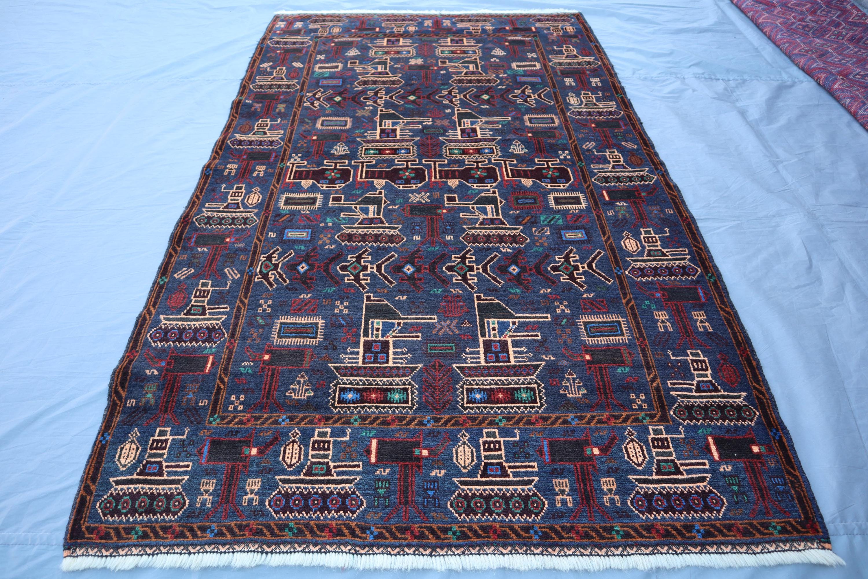 Tapis De Guerre Afghan Baloutche Fait Main – 2,0 X 2,6 Ft – Laine 100% – Motif Guerrier