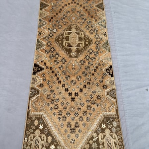 3x7 ft Rare Vintage Caucasian Runner Rug – Warm Terracotta Tribal Medallion Wool Carpet – Antique Style Geometric Hallway Rug Rustic Decor