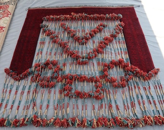Vintage Red Turkmen Jalar, 6'5x6'5 ft Handmade Wool Door Hanging, Tribal Tassel Wall Decor, Traditional Boho Textile Art