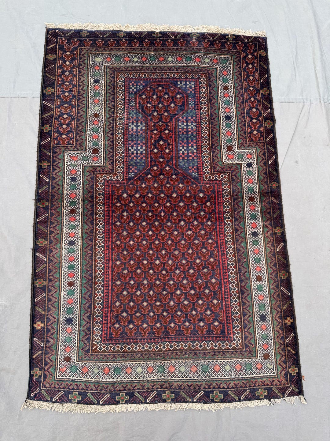 Vintage Afghan Baluchi Prayer Rug 3x5 Ft, Stepped Mihrab and Dense ...