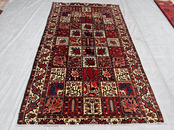 Rare Vintage Afghan Garden Panel Rug 4x9 ft – Colorful Patchwork Floral Carpet – Bakhtiari Style Handmade Wool Area Rug - Living Room Rug